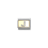 Nomination charm link featuring a gold plaque with a silver glitter letter J
