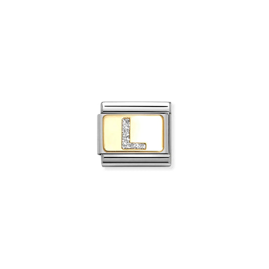 Nomination charm link featuring a gold plaque with silver glitter letter L