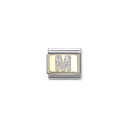 Nomination charm link featuring a gold plaque with a silver glitter letter M