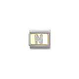 Nomination charm link featuring a gold plaque with a silver glitter letter N