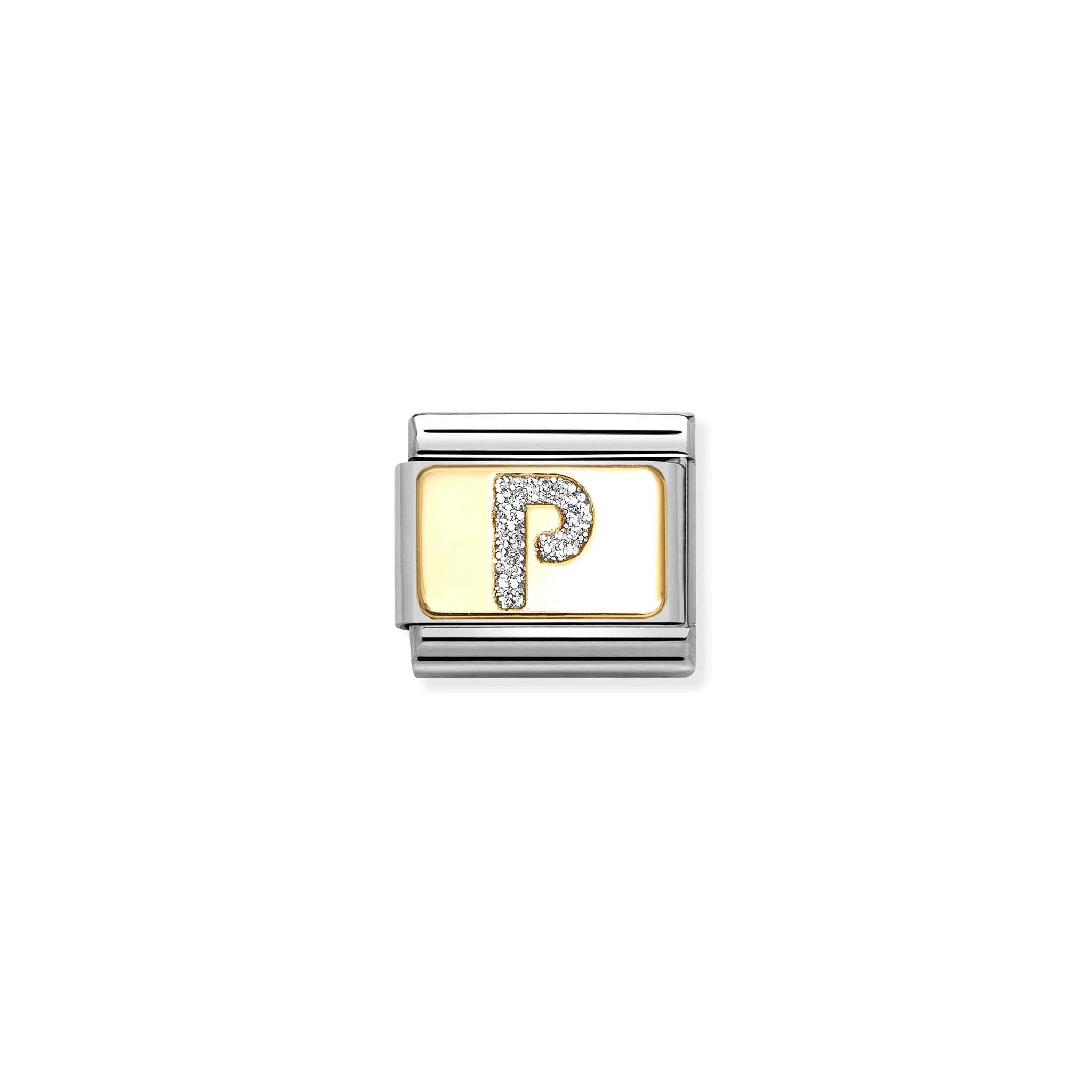 Nomination charm link featuring a gold plaque with a silver glitter letter P