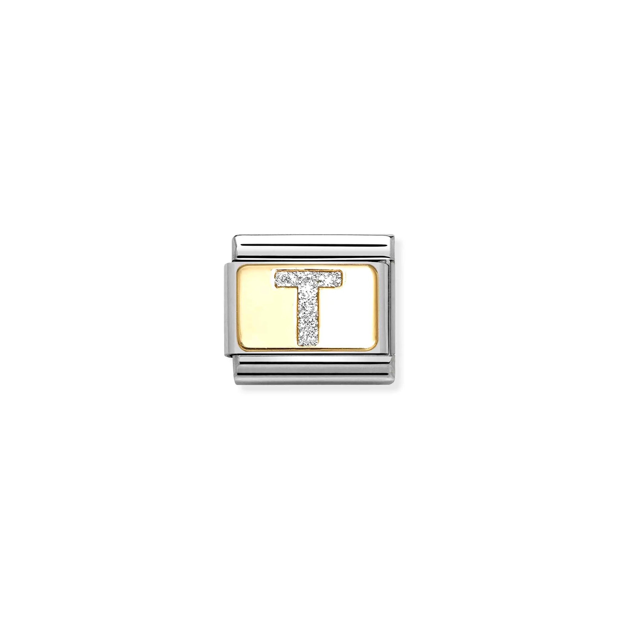 Nomination charm link featuring a gold plaque with a silver glitter letter T