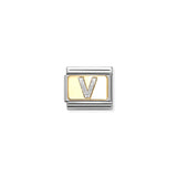 Nomination charm link featuring a gold plaque with a silver glitter letter V