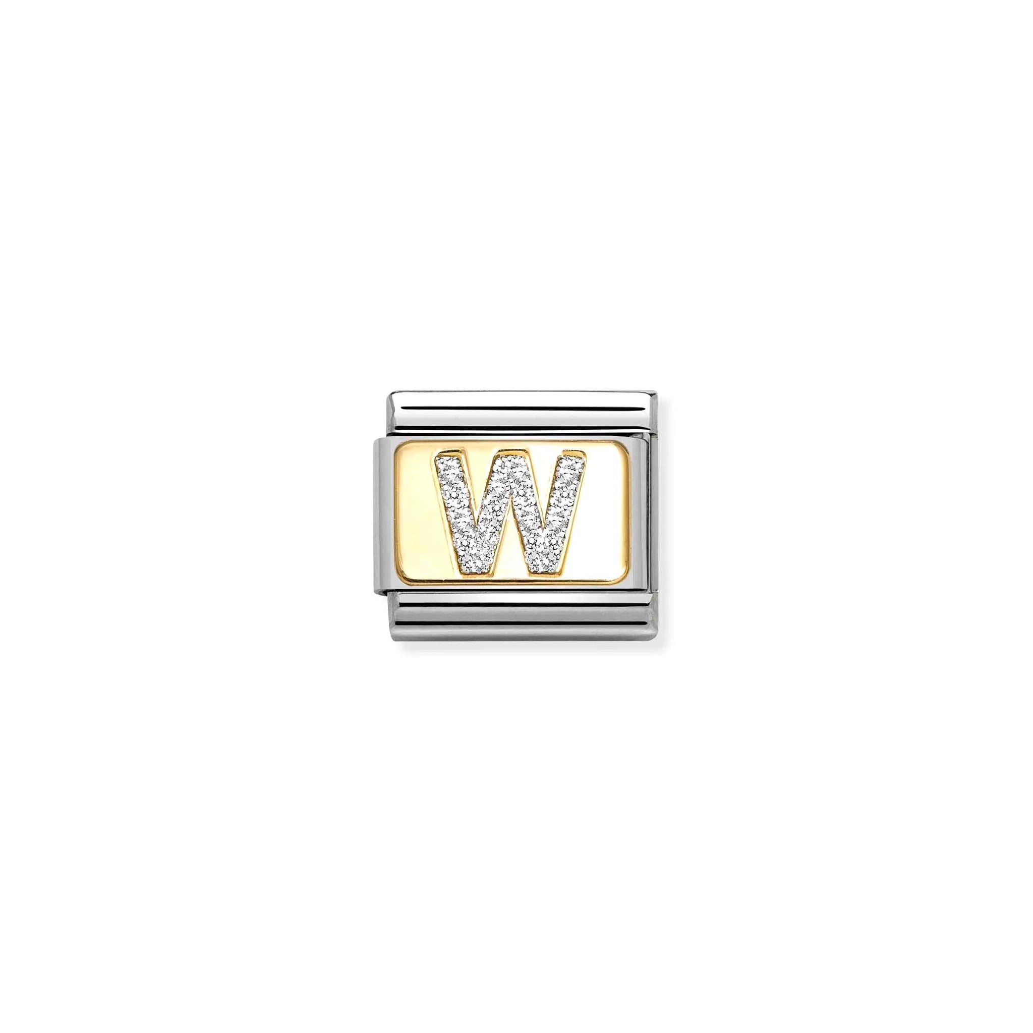 Nomination charm link featuring a gold plaque with a silver glitter letter W