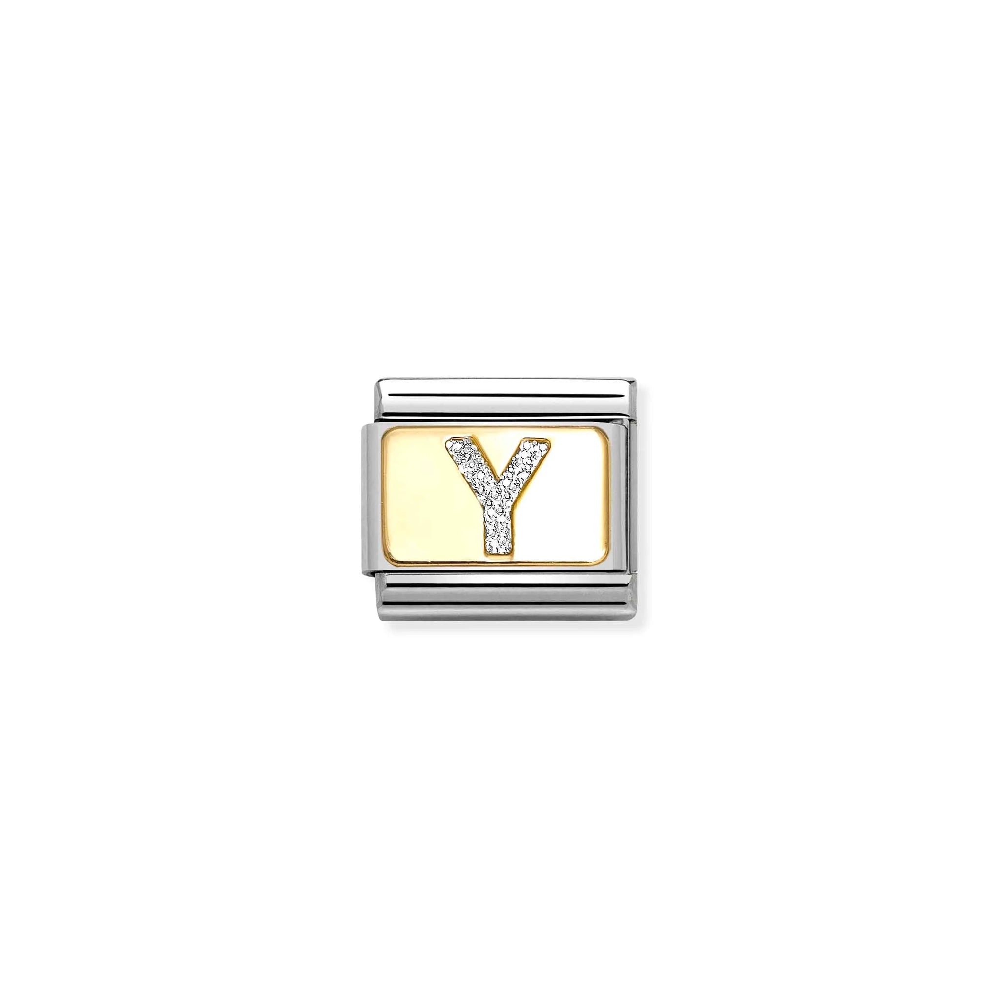 Nomination charm link featuring a gold plaque with a silver glitter letter Y