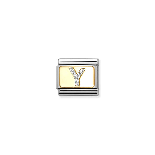 Nomination charm link featuring a gold plaque with a silver glitter letter Y
