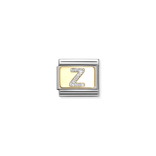 Nomination charm link featuring a gold plaque with a silver glitter letter Z