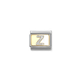 Nomination charm link featuring a gold plaque with a silver glitter letter Z