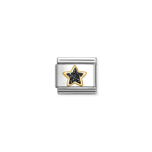 A Nomination charm featuring a gold star filled with black glitter