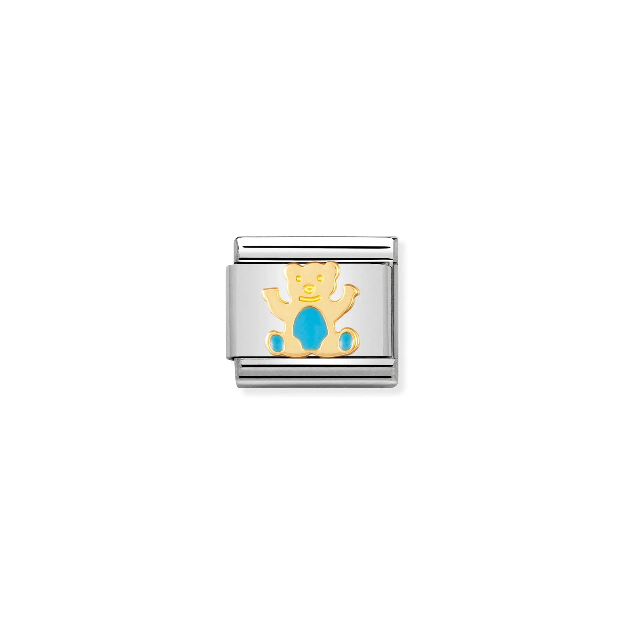 A Nomination charm link featuring a gold teddy bear with a light blue enamel tummy