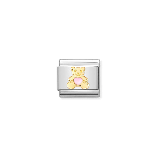 Nomination charm link featuring a gold teddy bear with pink enamel heart tummy