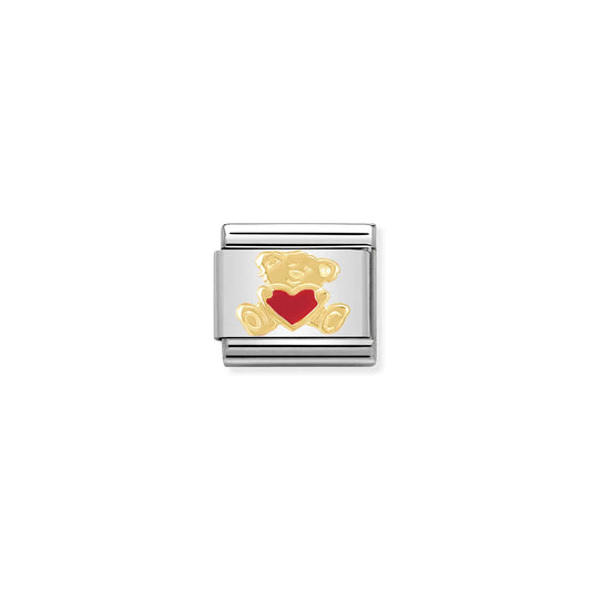 A Nomination charm link featuring a gold teddy bear holding a red enamel heart