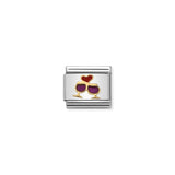 A Nomination charm link featuring gold wine glasses clinking with an enamel red heart and wine
