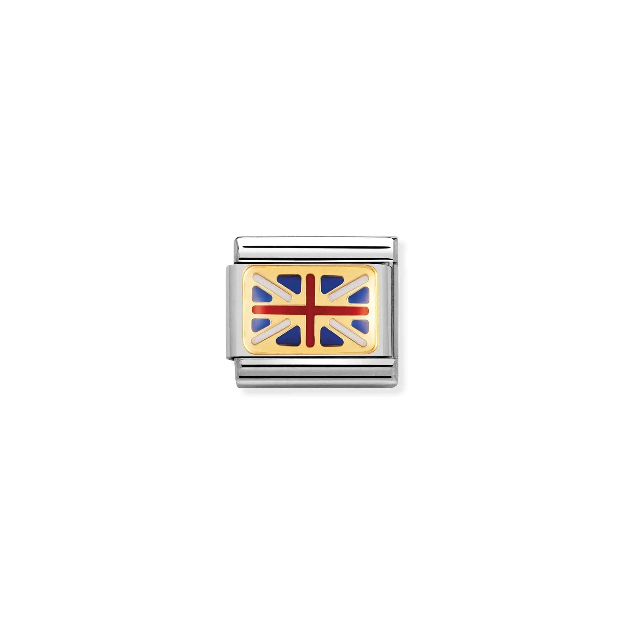 A Nomination charm link featuring the Great Britain flag with enamel