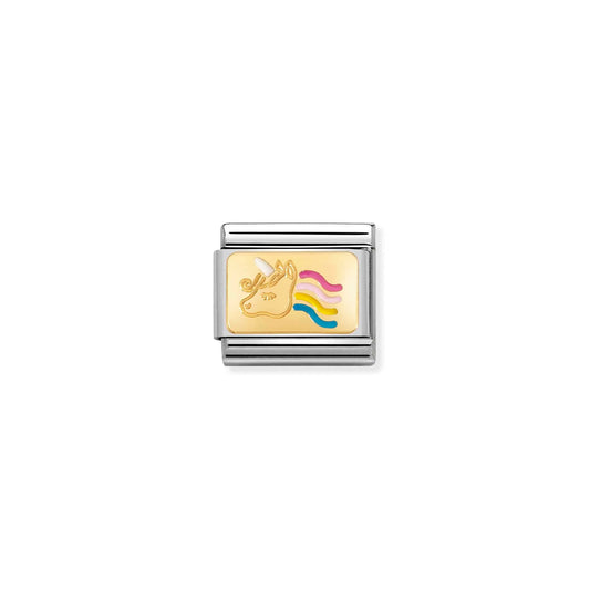 A Nomination charm link featuring a gold plaque engraved with a unicorn with pastel rainbow mane