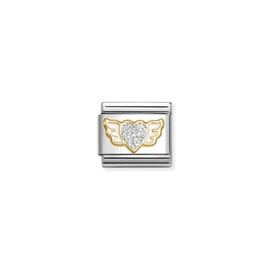 A Nomination charm link featuring a silver glitter heart and white enamel wings