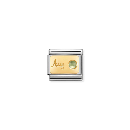 A Nomination charm link featuring a gold plaque engraved with 'August' and set with a round peridot stone