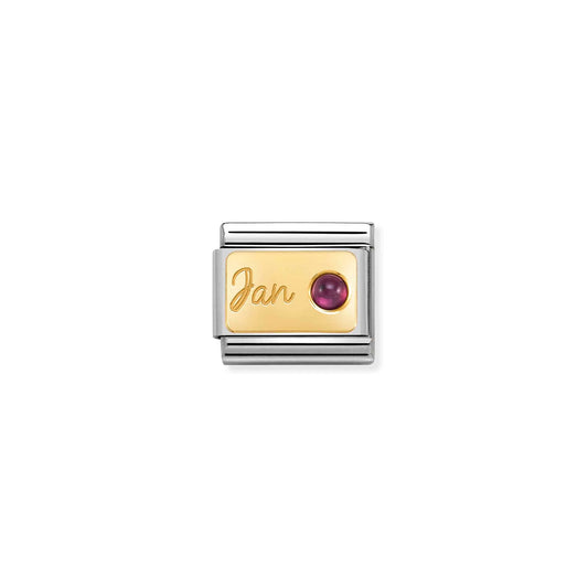 A Nomination charm link featuring a gold plaque engraved with Jan and set with a round garnet stone