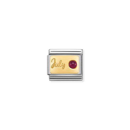 A Nomination charm link featuring a gold plaque engraved with July and set with a round ruby stone