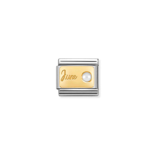 A Nomination charm link featuring a gold plaque engraved with June and set with a round pearl stone