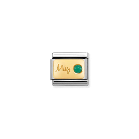 Nomination charm link featuring a gold plaque engraved with 'May' and set with a round emerald stone