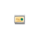 Nomination charm link featuring a gold plaque engraved with 'May' and set with a round emerald stone