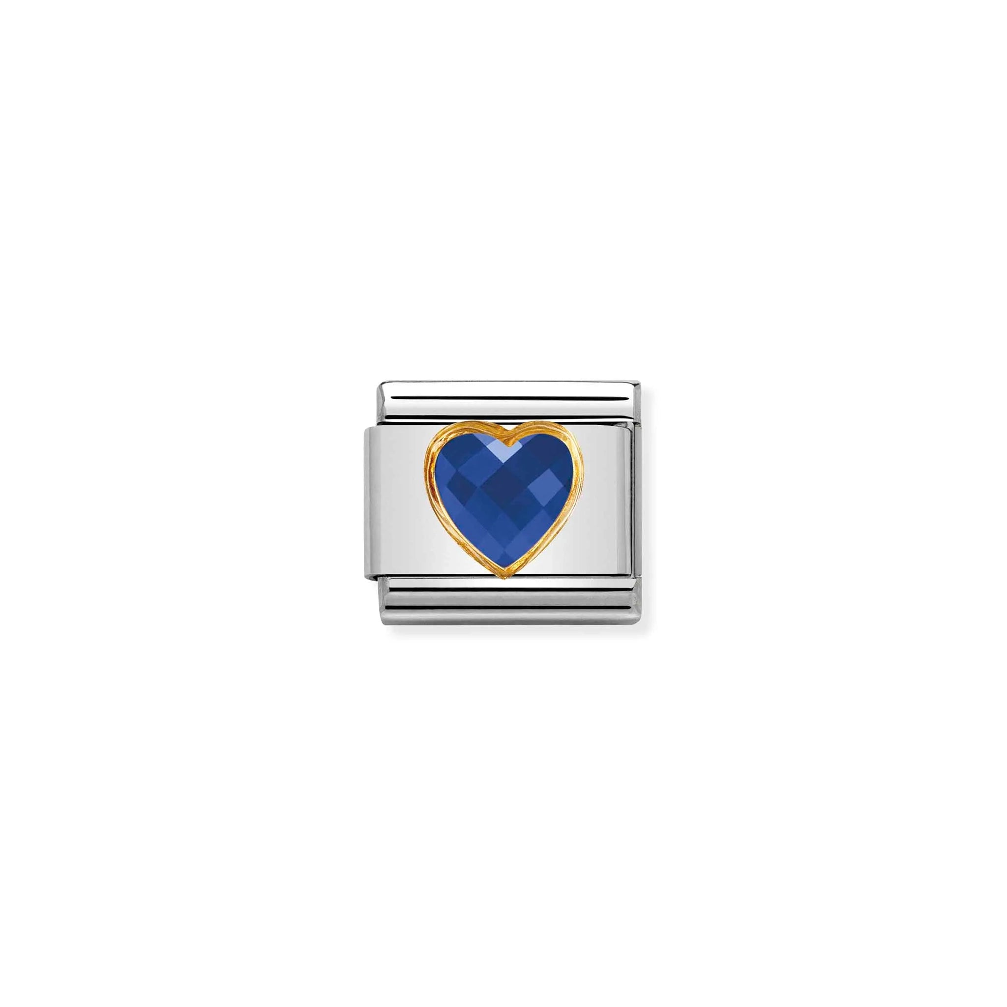 A Nomination charm link featuring a heart shaped blue cubic zirconia with gold surround