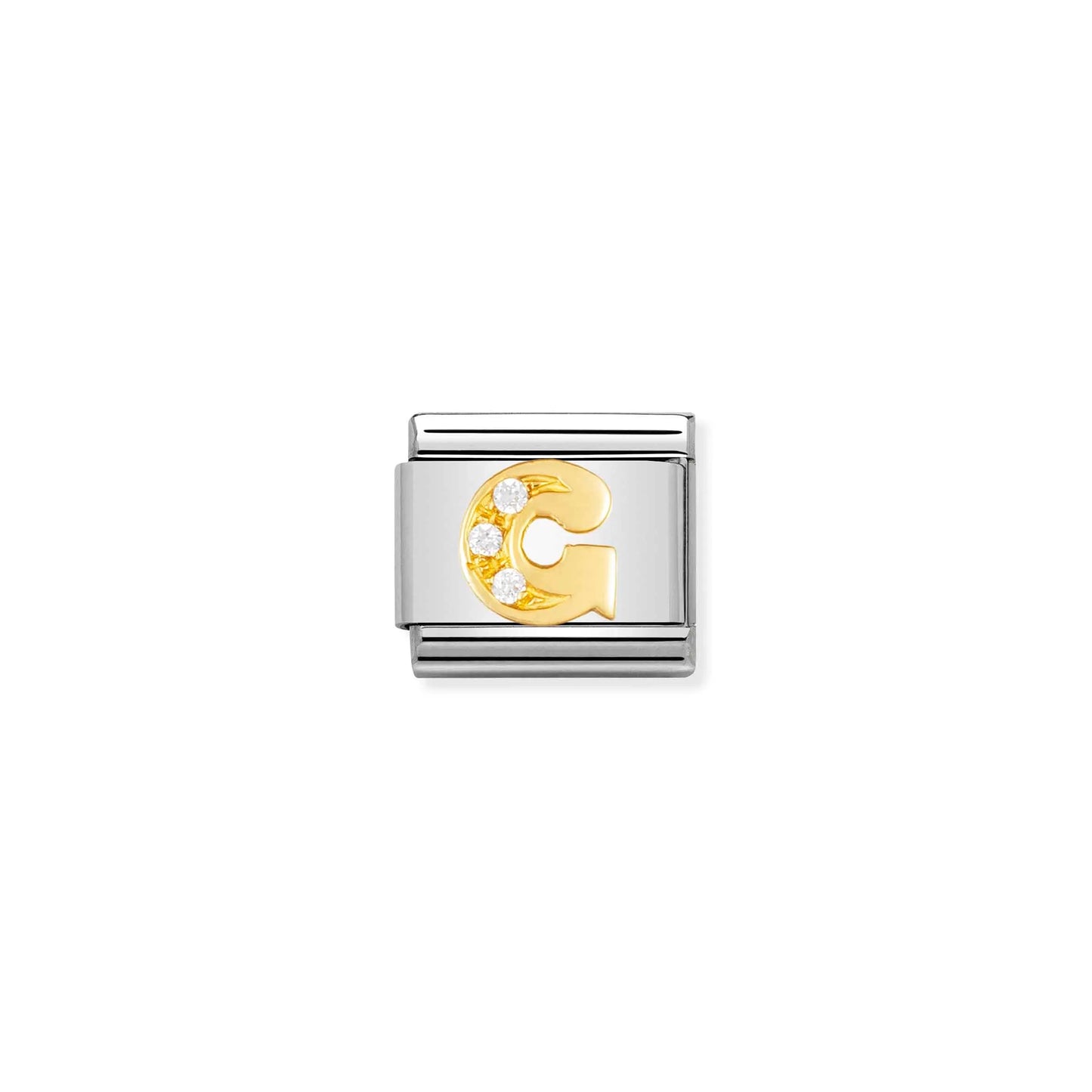 A Nomination charm link featuring a gold letter G with three white cubic zirconia stones