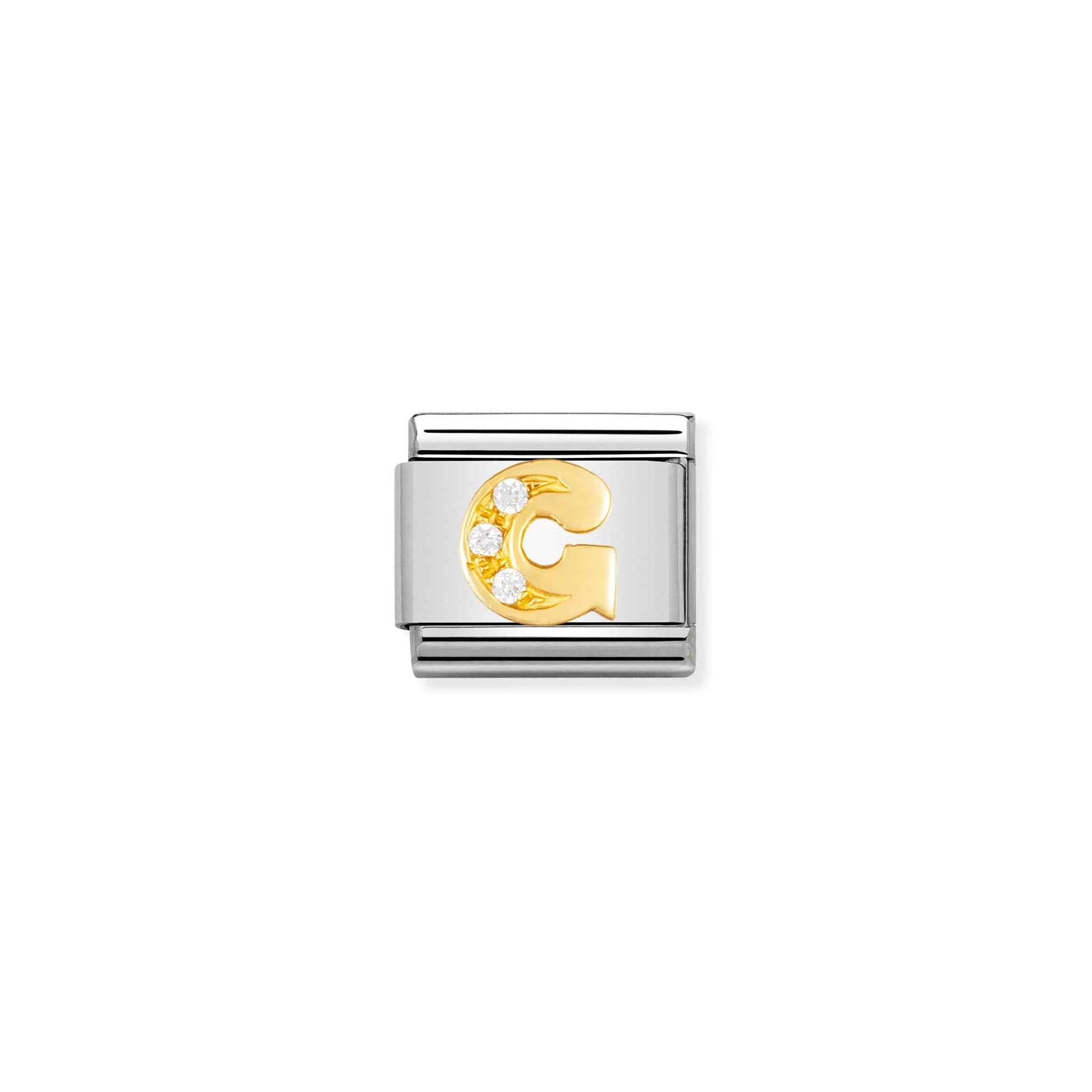 A Nomination charm link featuring a gold letter G with three white cubic zirconia stones