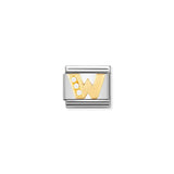 Nomination charm link featuring a letter W in gold with three white cubic zirconia stones
