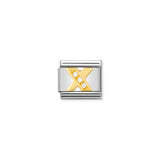 Nomination charm link featuring a gold letter X with three white cubic zirconia stones