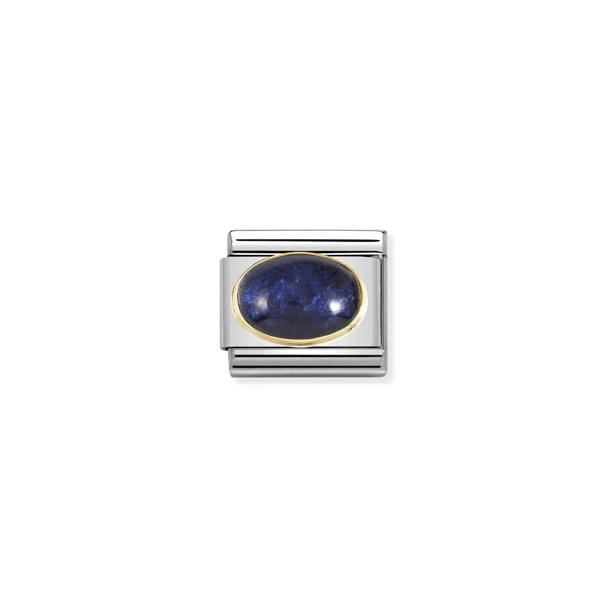 A Nomination charm link featuring an oval blue rock crystal stone with gold surround