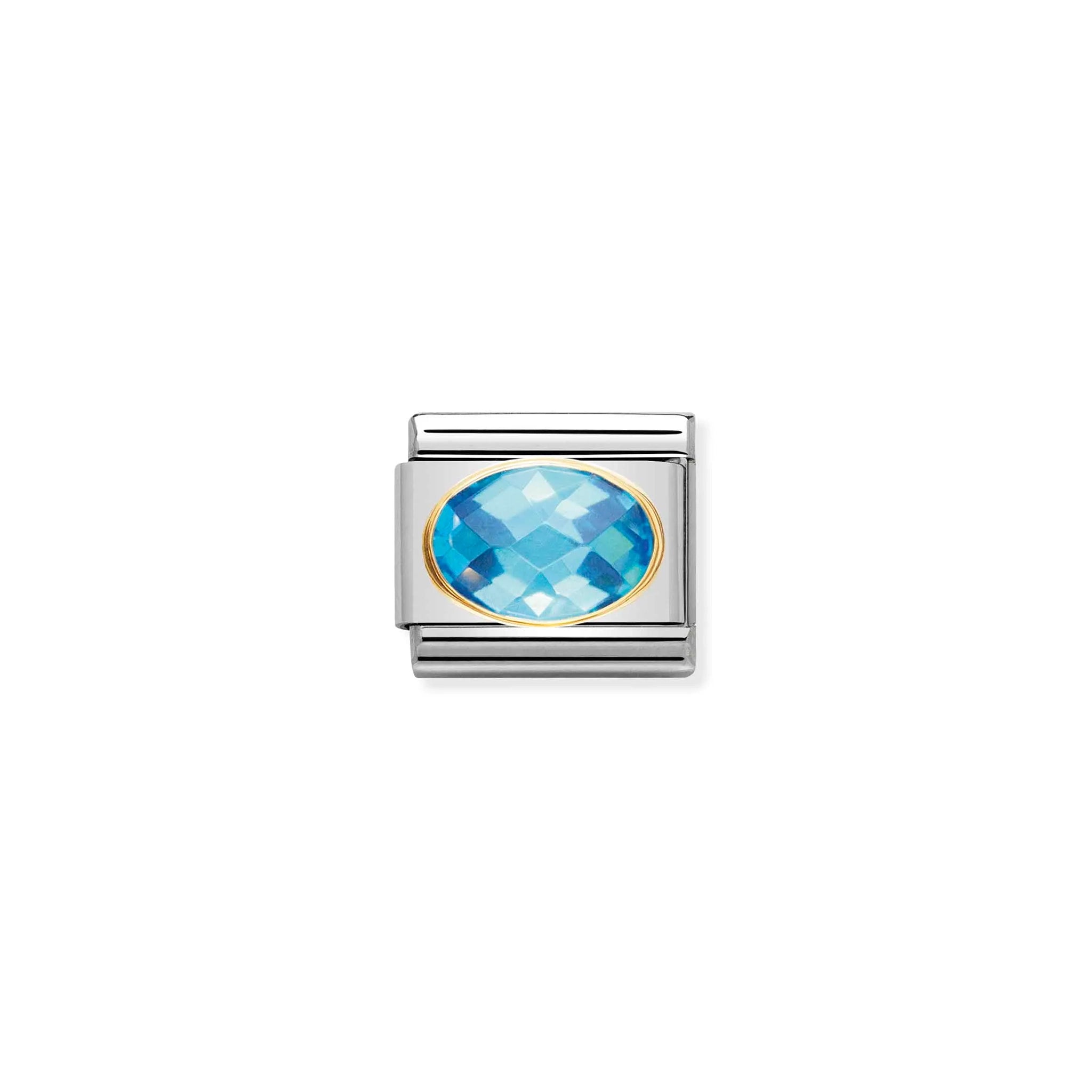 Nomination charm link featuring a faceted oval light blue cubic zirconia stone with gold surround