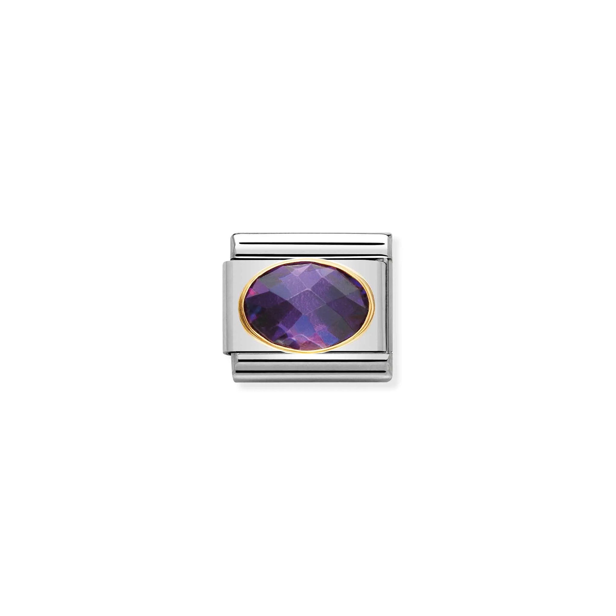 Nomination charm link featuring a faceted oval purple cubic zirconia stone with gold surround