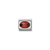Nomination charm link featuring a faceted oval red cubic zirconia stone with gold surround