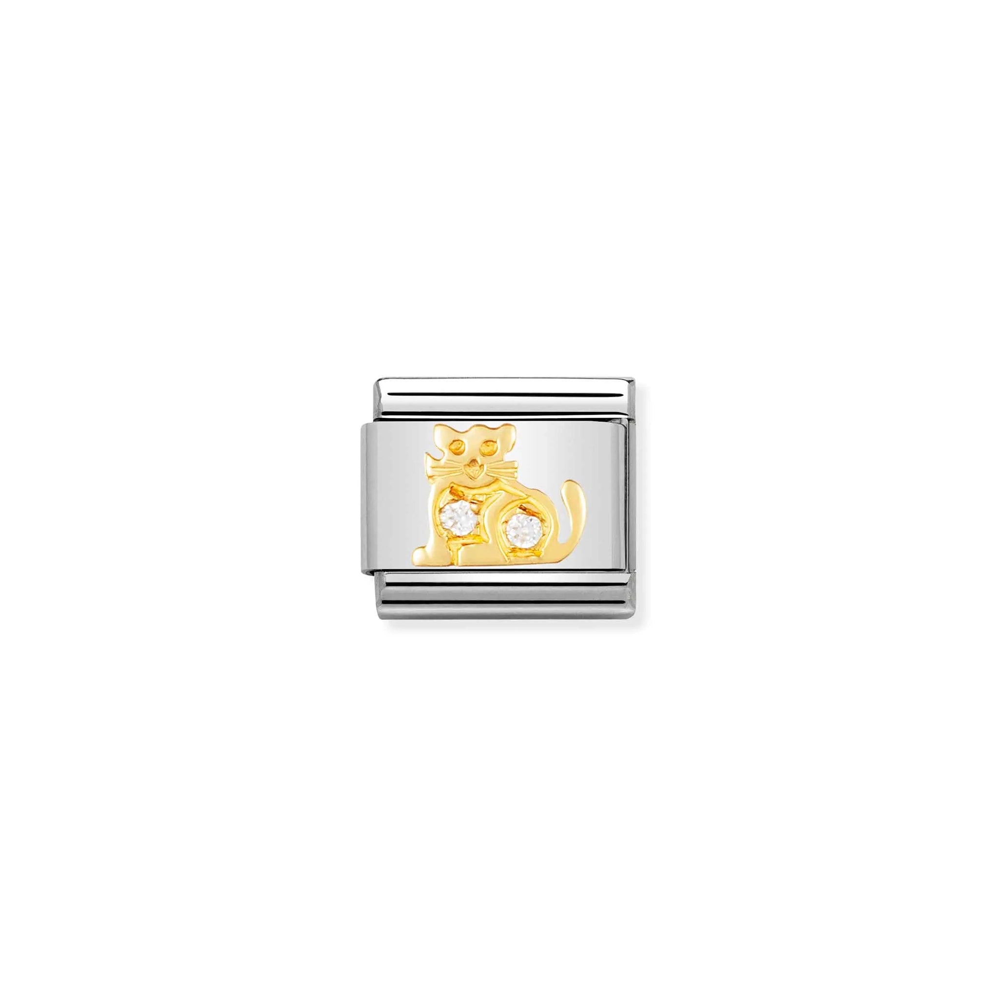 A Nomination charm link featuring a gold sitting cat set with two white cubic zirconia stones