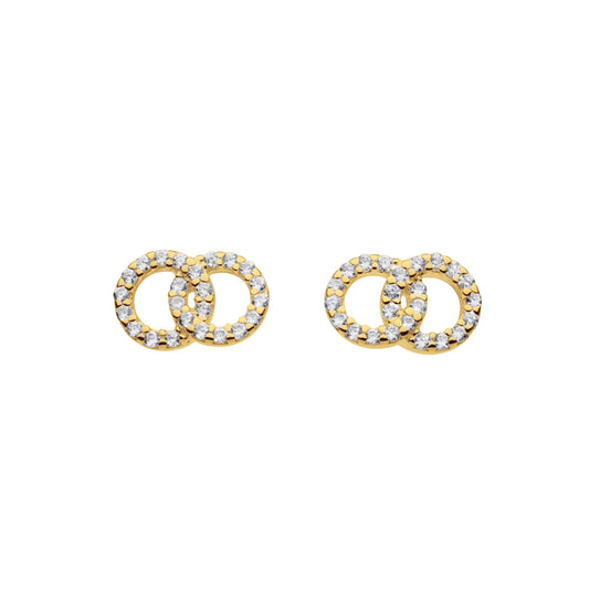 A pair of studs with double linked gold open circles set with cubic zirconia