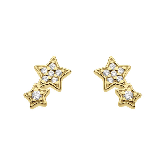 A pair of gold earrings featuring two stars set with CZ stones