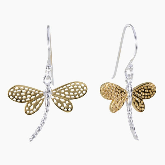 A pair of silver dragonfly drop earrings with detailed gold filigree wings
