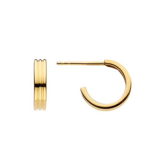 A pair of yellow gold hoop earrings with simple groove design