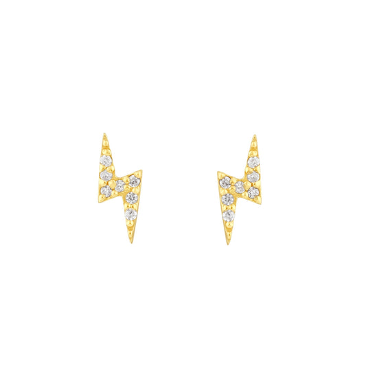 A pair of gold lightning bolt shaped stud earrings with cubic zirconia