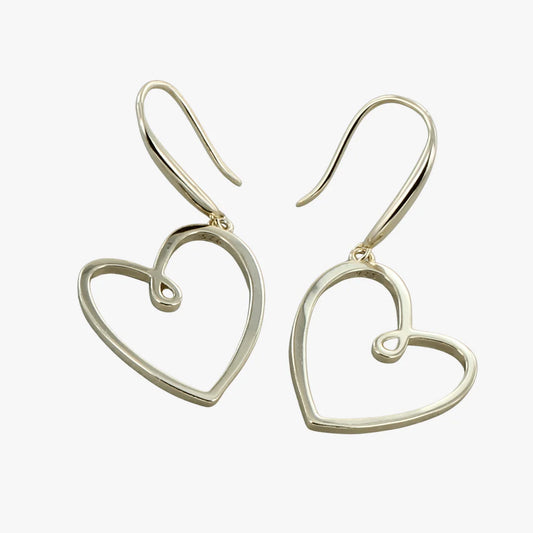A pair of open frame looped heart drop earrings in yellow gold with hook fittings