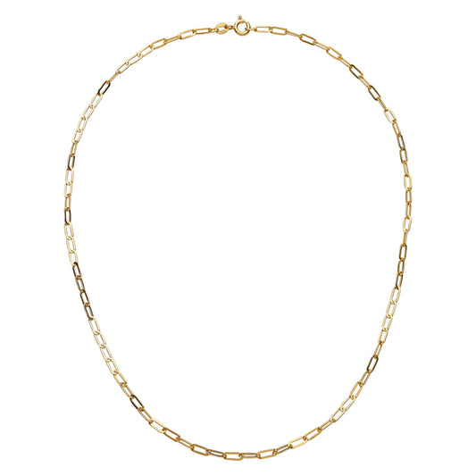 A gold chain necklace with long oval shaped links