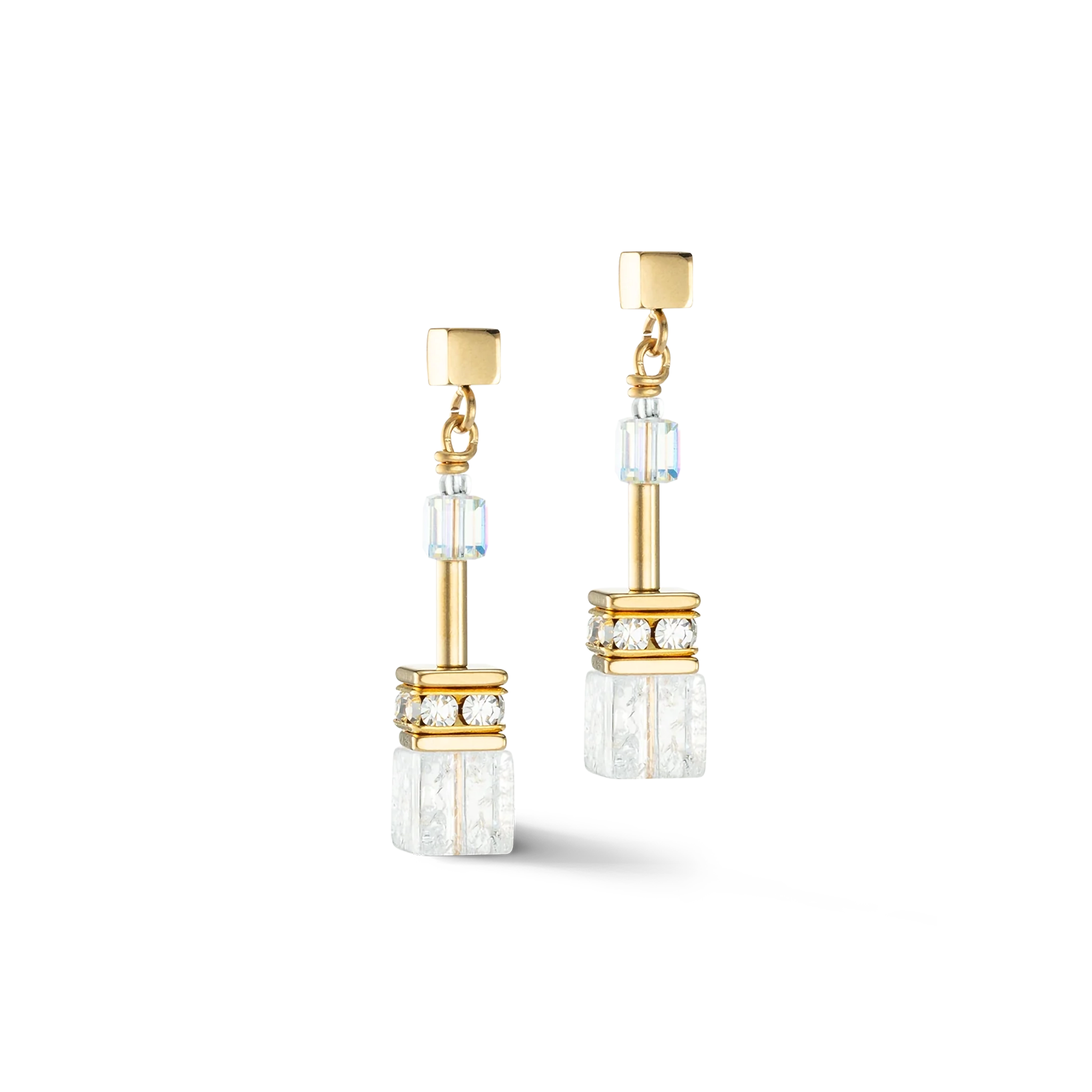 A pair of gold drop earrings featuring cube shaped white rock crystals