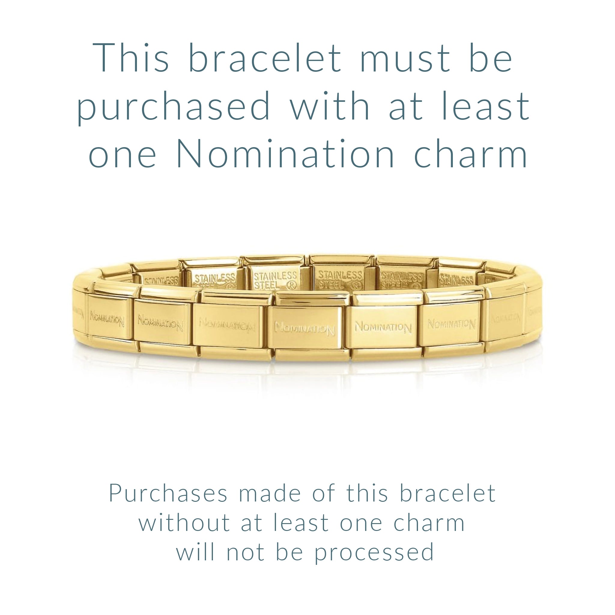 A gold coloured Nomination Italy starter bracelet with purchase notice