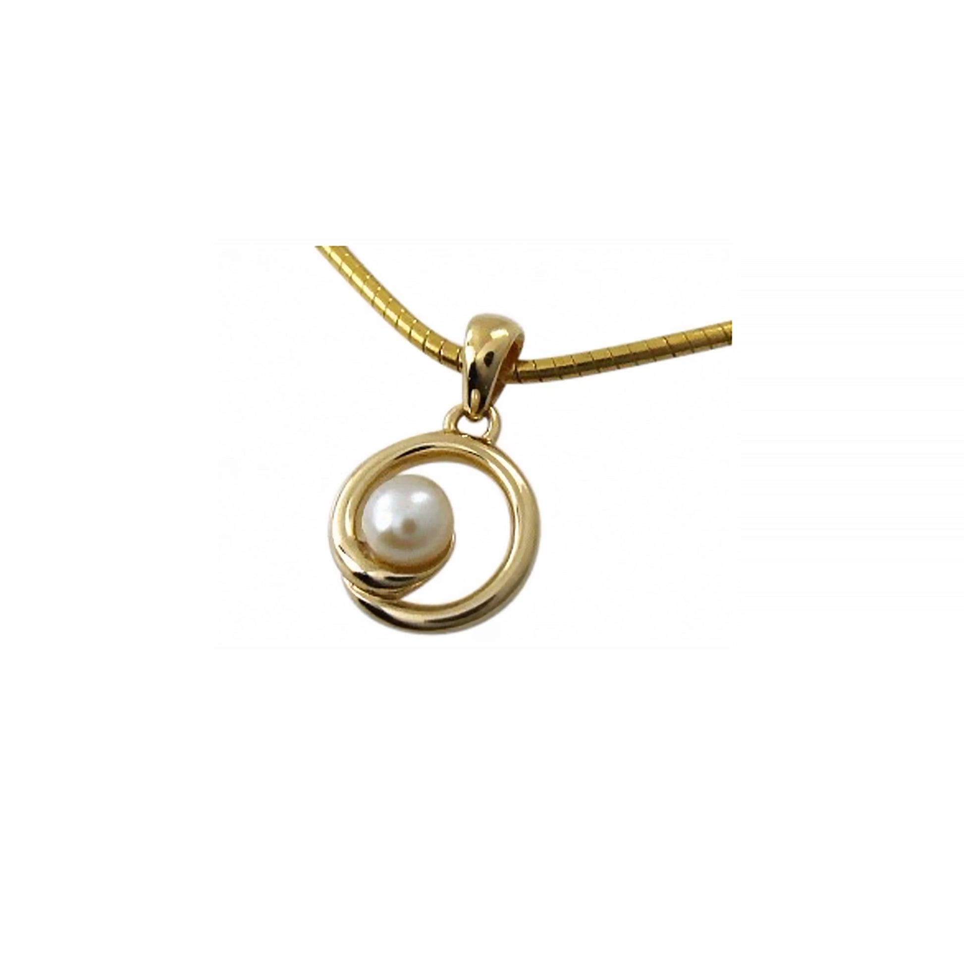 Gold necklace with a circle swirl shaped pendant set with a white freshwater pearl