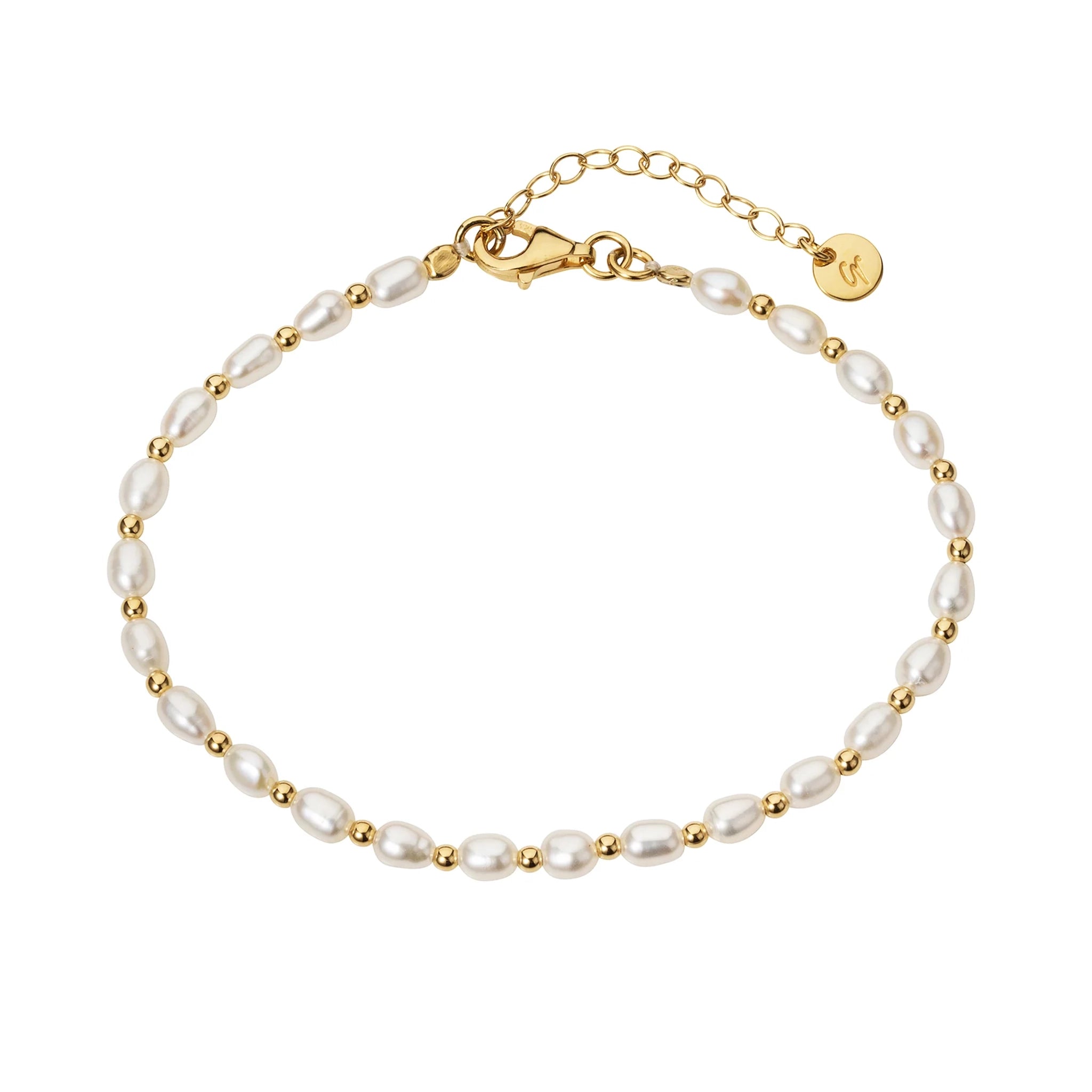 A seed pearl bracelet with gold spacers and 18k yellow gold vermeil plating with 3cm adjuster