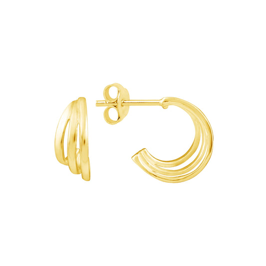 A pair of gold hoop earrings with three strand wing shape