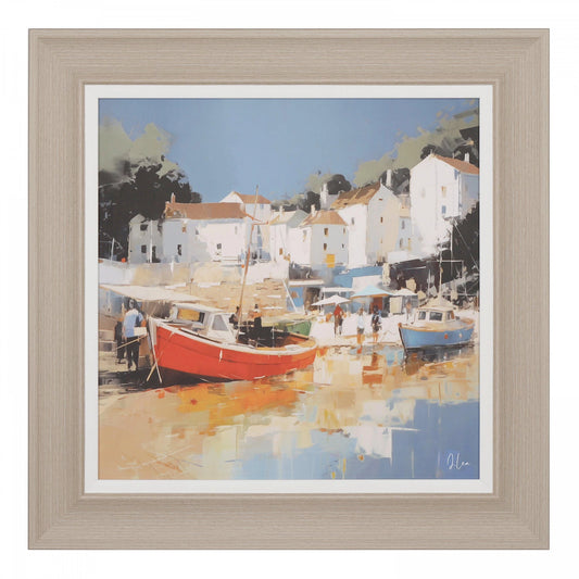 Framed canvas traditional coastal scene with broad brush strokes in a bright primary colour palette 