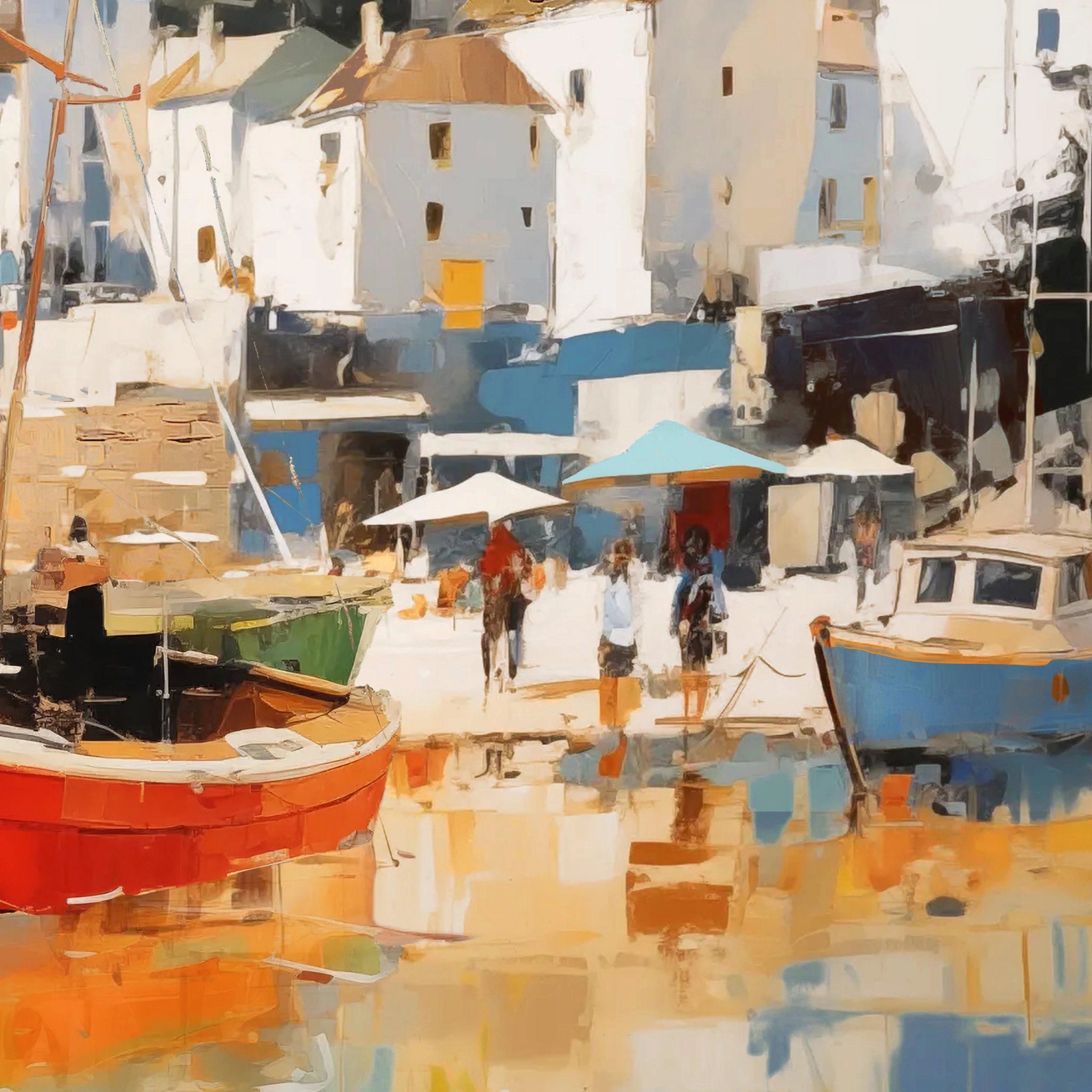 Framed canvas traditional coastal scene with broad brush strokes in a bright primary colour palette detail